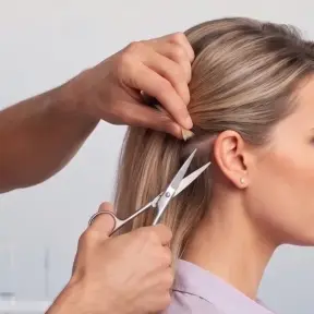 A small section of hair being lifted and cut close to the scalp with scissors