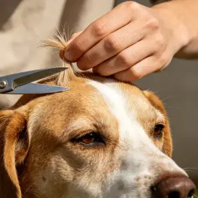 A dog having a small tuft of hair trimmed with scissors for a sample