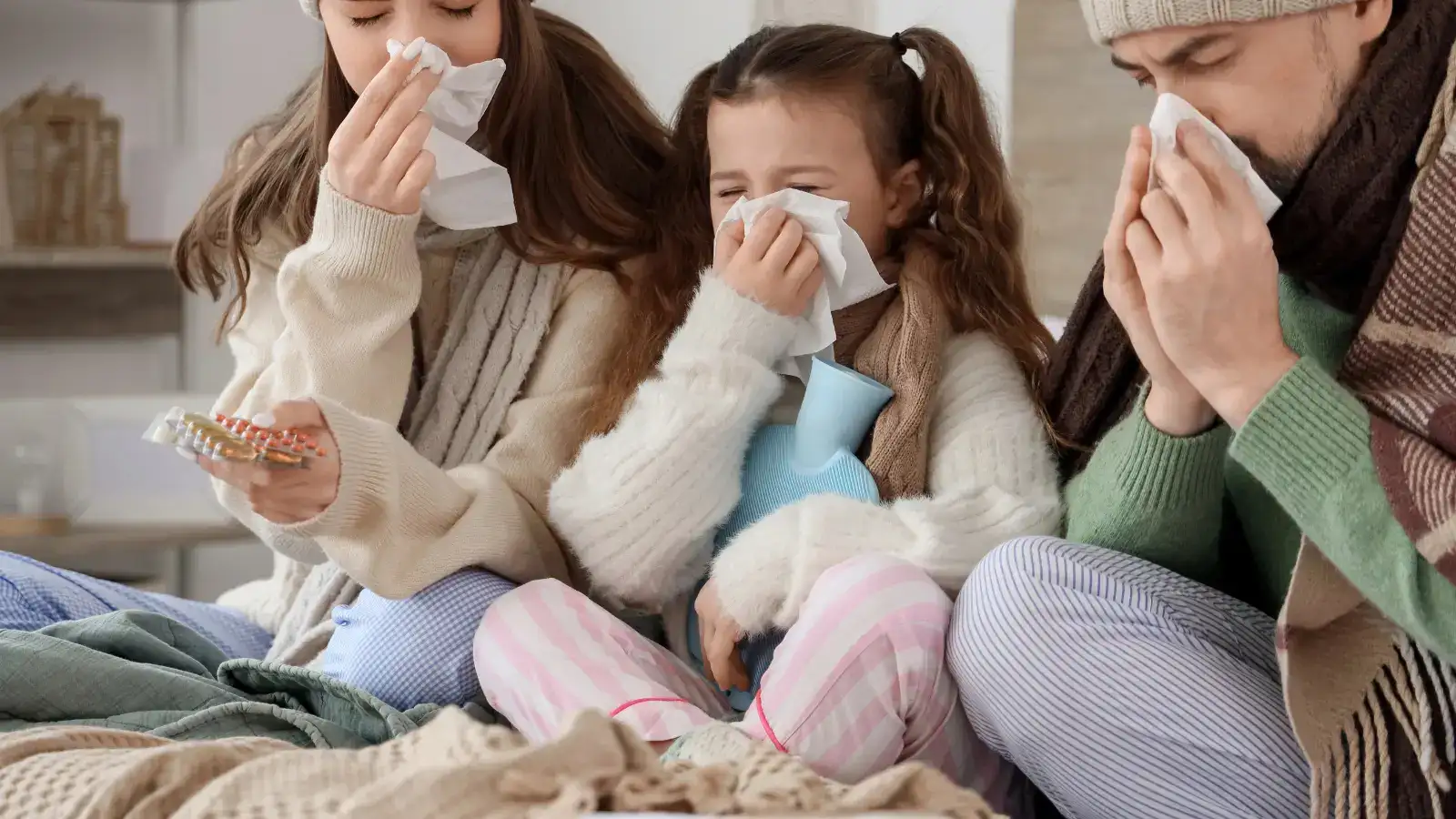 Three people sitting together under a blanket on a sofa, blowing their noses