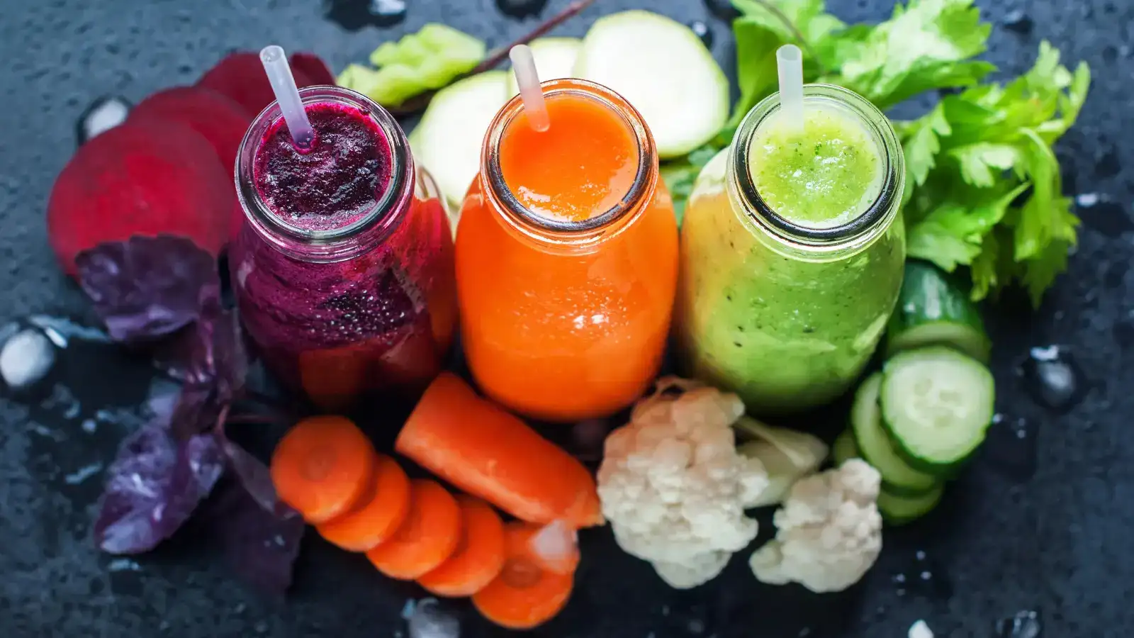 Bottles of red, orange and green vegetable juice among raw vegetables
