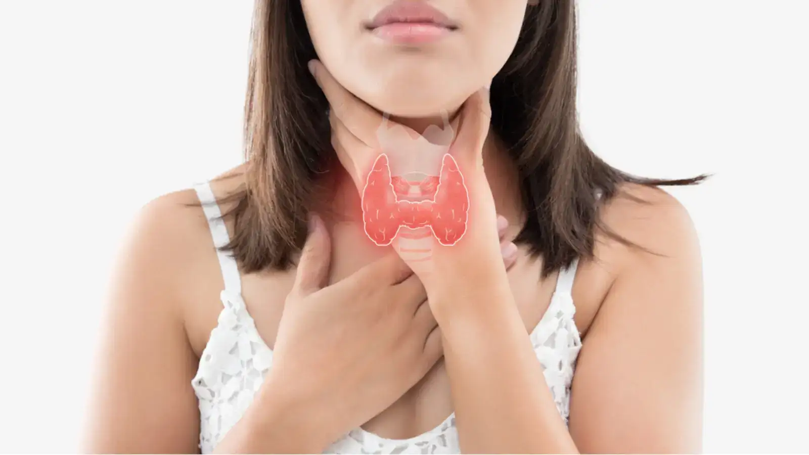 A woman with both hands at her throat, the thyroid gland illustrated in red on her neck