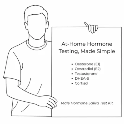Illustration of a man holding an at-home male hormone saliva test kit measuring testosterone, oestrogen and cortisol