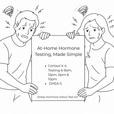 Illustration of stressed man and woman holding an at-home cortisol and DHEA-S saliva hormone test kit information sign