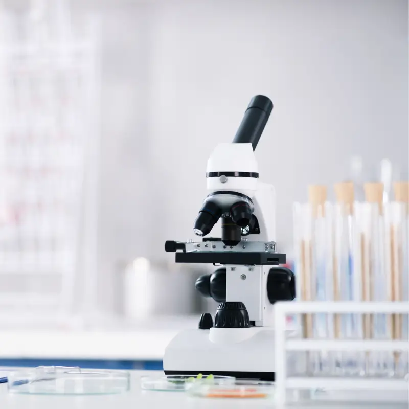 Microscope and laboratory test tubes representing naturopathic functional testing and hormone analysis